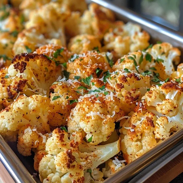 Delicious looking crispy cauliflower with a sprinkle of grated parmesan and chopped herbs.