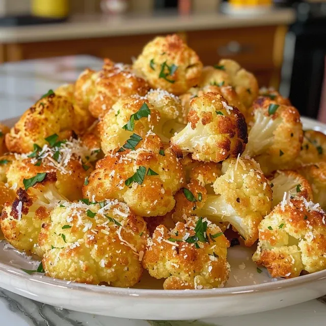 Deliciously crispy cauliflower pieces garnished with parmesan and seasoning.