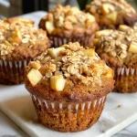 Tasty Apple Cinnamon Oat Muffins with a sprinkle of cinnamon on top, shown in natural light.