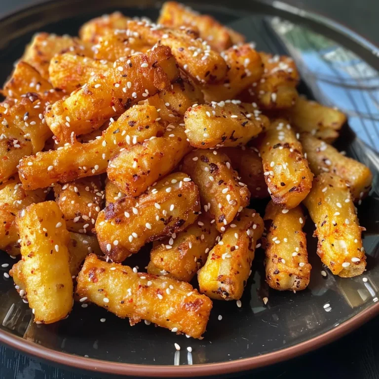 Chickpea Fries: A Quick and Crunchy Delight for Any Day Detailed shot of crispy chickpea fries with a crunchy exterior and sprinkled sesame seeds.