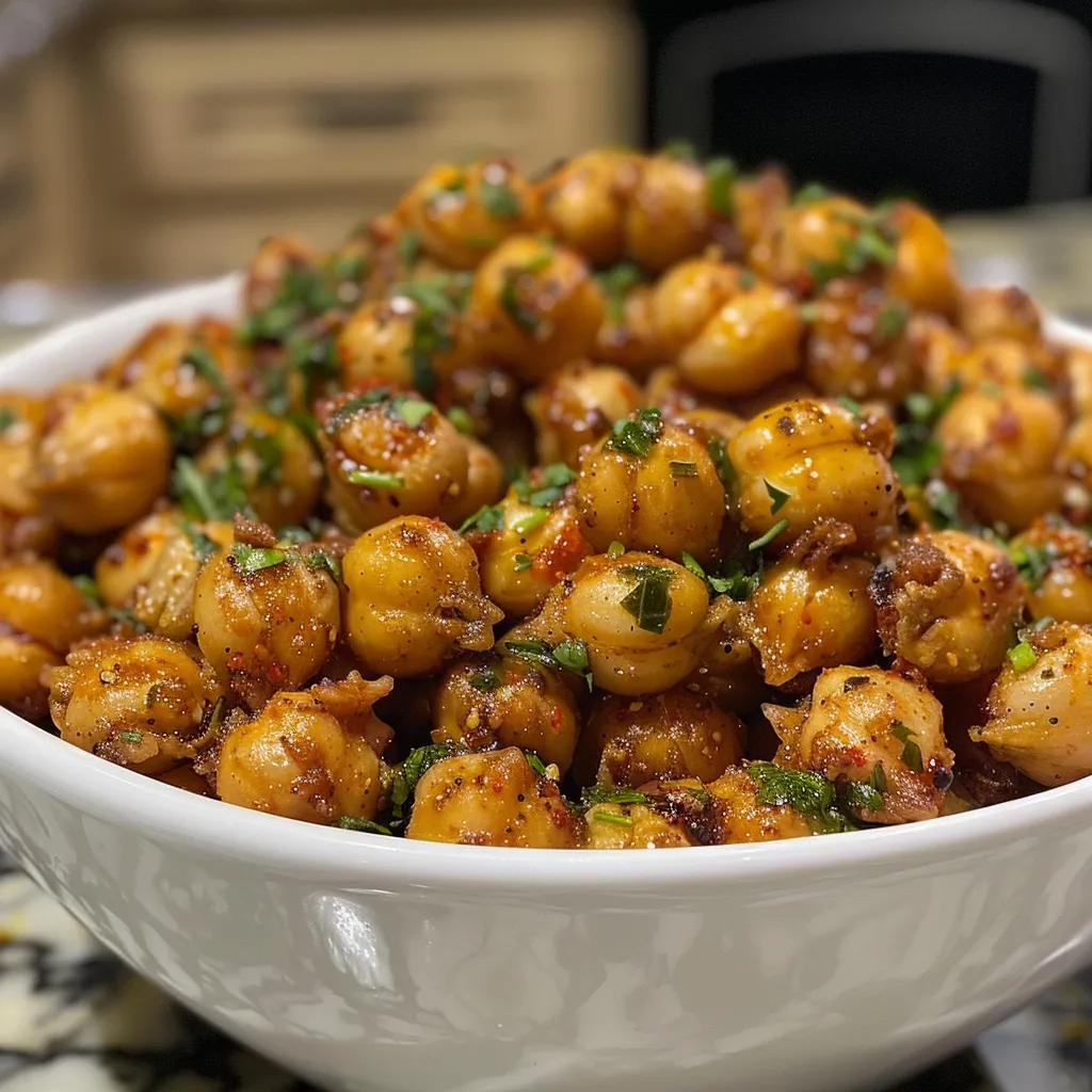 Side view of spiced chickpeas ready to be served as a savory snack.