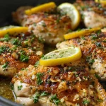 Mouthwatering chicken thighs in a garlic lemon broth, captured from the side in an elegant presentation.