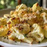 A vibrant head of cauliflower roasted to golden perfection with garlic and cheese.