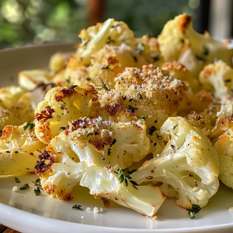 Juicy cauliflower pieces sprinkled with minced garlic and cheese, ready to eat.