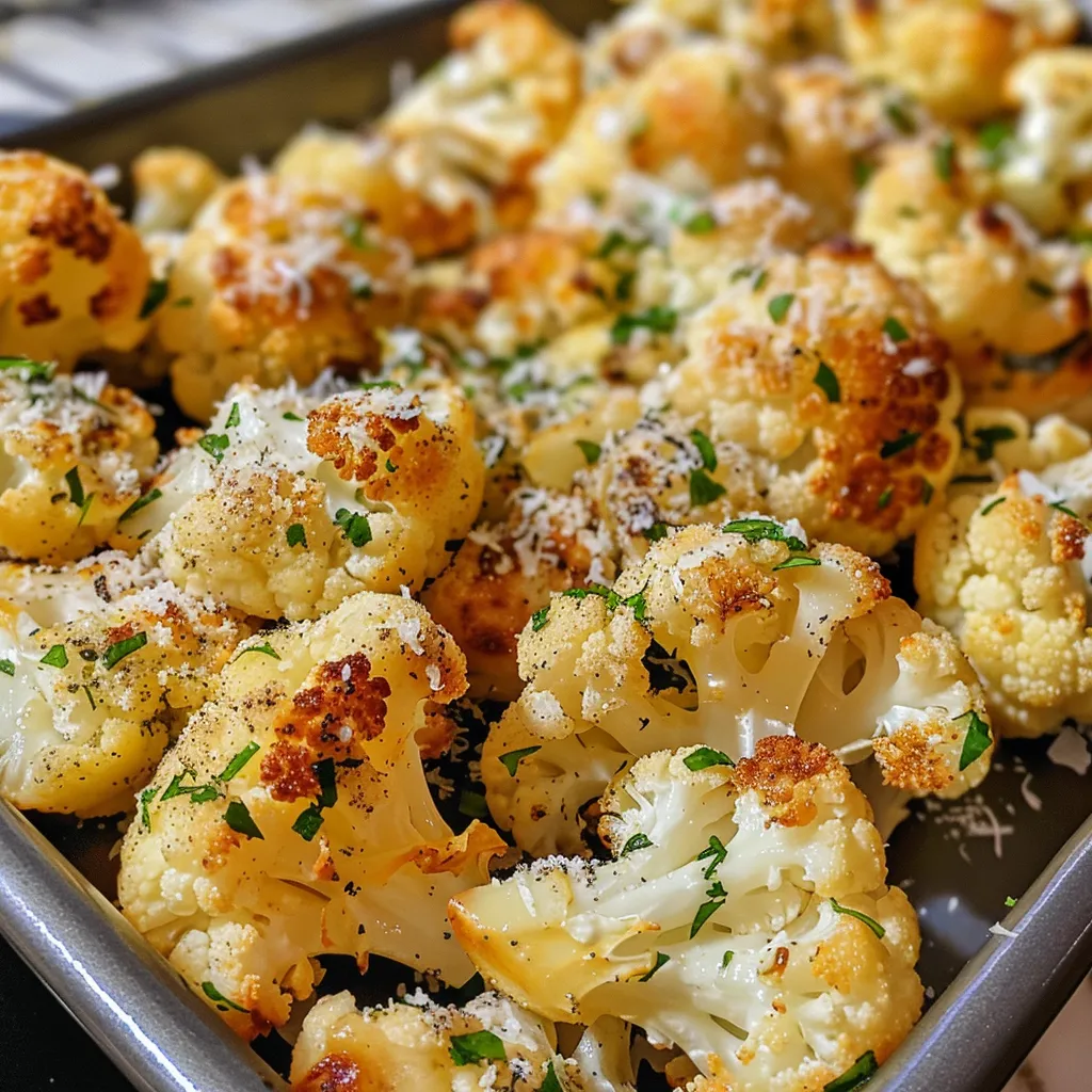 Succulent roasted cauliflower garnished with parsley and lemon juice.