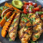 A tasty plate featuring grilled chicken, sweet potato fries, and fresh avocado salsa in vibrant colors.
