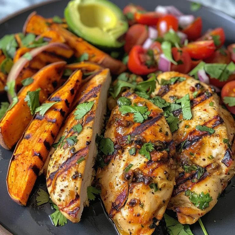 A tasty plate featuring grilled chicken, sweet potato fries, and fresh avocado salsa in vibrant colors.