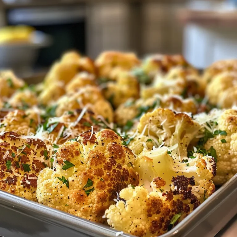 Side view showing a platter of delicious oven-roasted Parmesan cauliflower with a sprinkle of parsley.