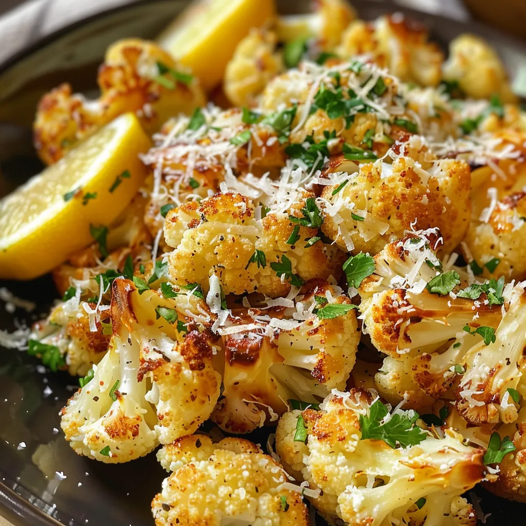 Crispy cauliflower florets coated in Parmesan and spices, arranged on a plate.
