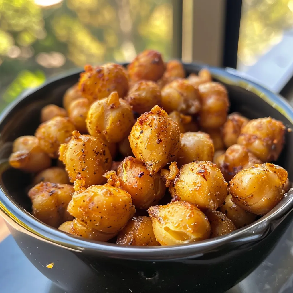 A detailed look at perfectly roasted chickpeas, glistening with olive oil.
