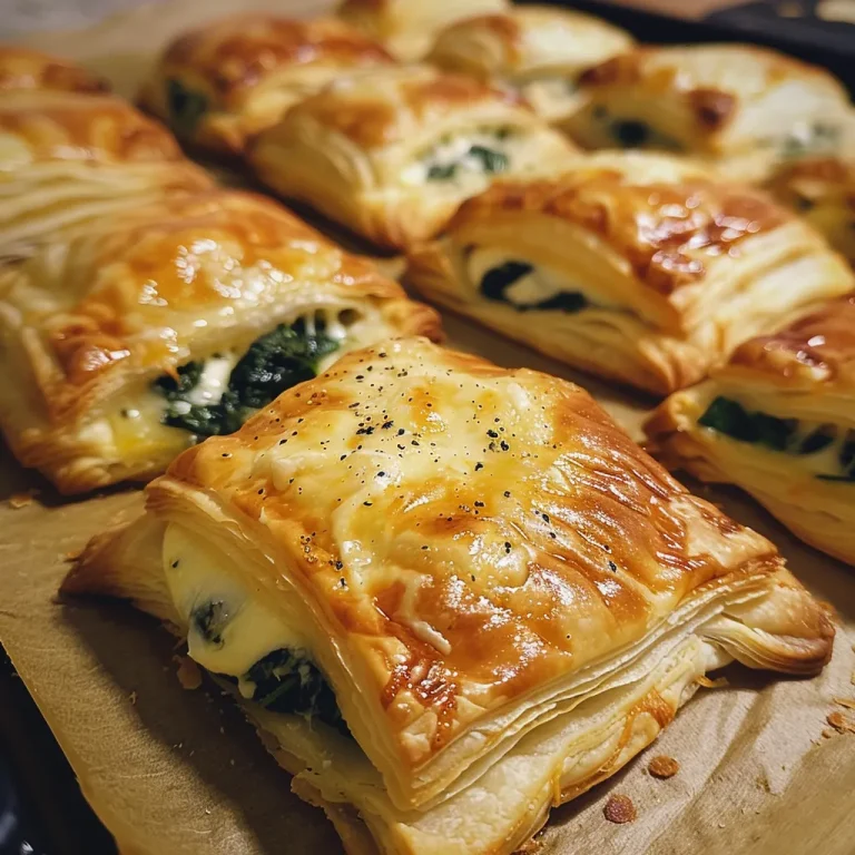 Delicious spinach and cheese puff pastry bites arranged elegantly on a wooden board.