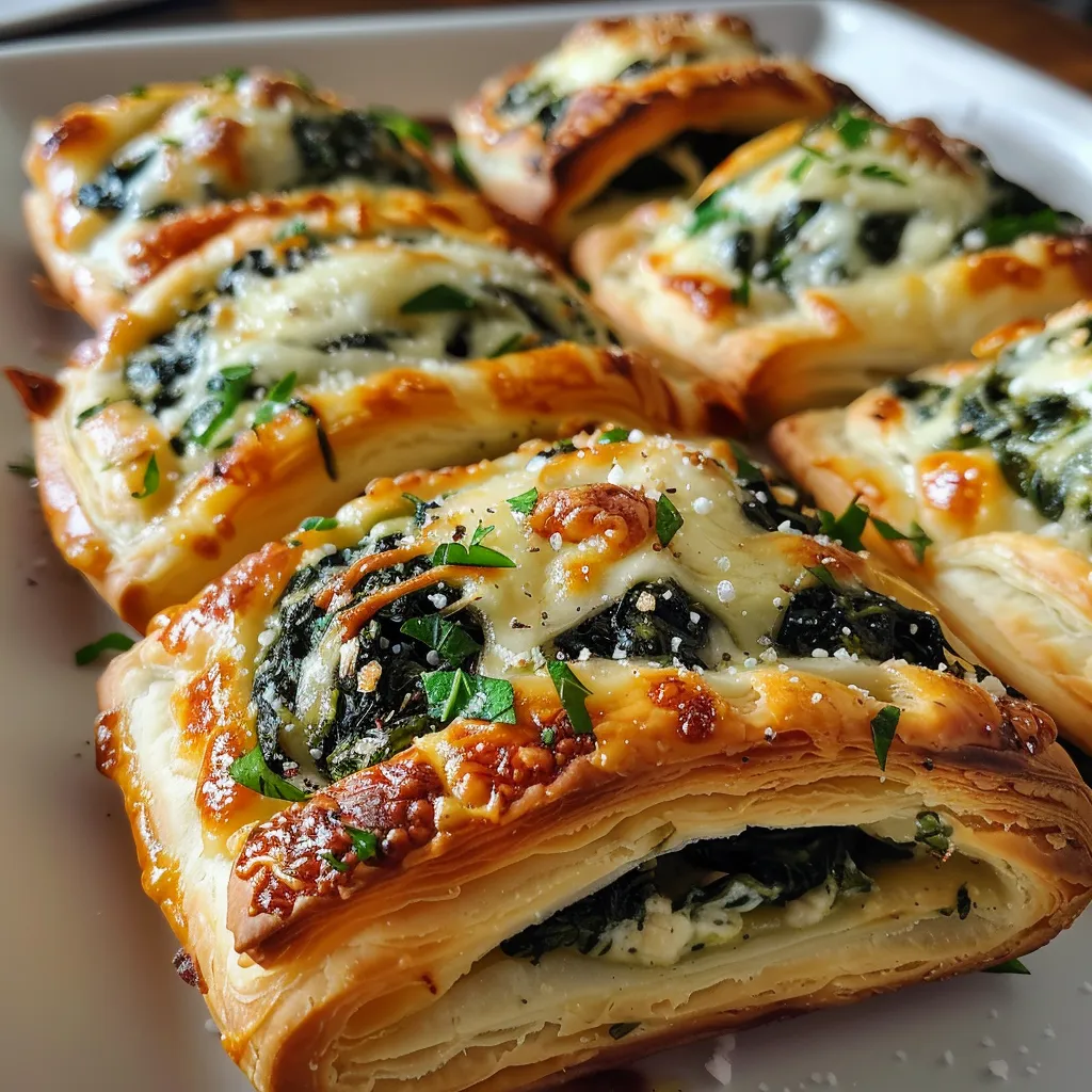 Tasty spinach and cheese-filled pastries with a golden crust, highlighting the vibrant green filling.