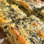 Side view of fresh spinach cheese squares, highlighting their cheesy filling.