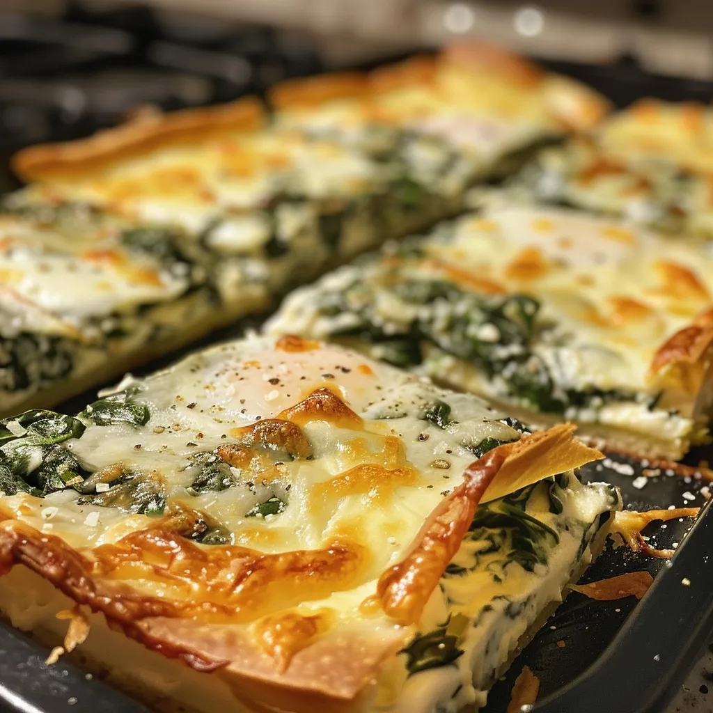 A slice of spinach cheese square with a creamy interior, garnished with herbs.