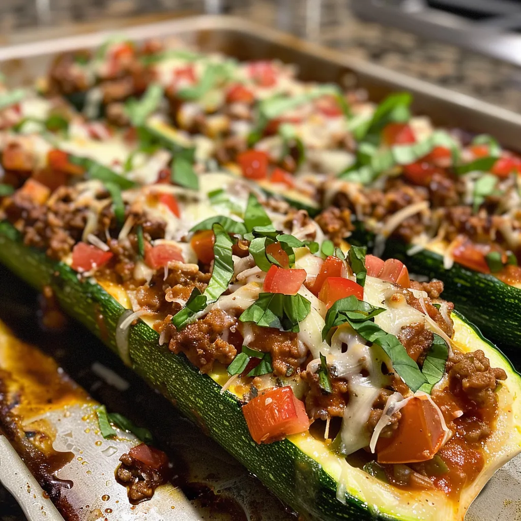 Flavorful zucchini boats filled with ground beef and colorful vegetables.