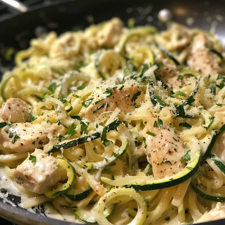 Creamy Zucchini Noodle Chicken Alfredo: A Quick and Delicious Twist on a Classic Delicious plate of zucchini noodles and chicken in creamy Alfredo sauce.