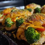 Detailed shot of a golden-brown chicken breast sliced open, revealing a cheesy vegetable stuffing.