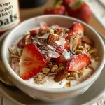 A vibrant display of yogurt bowls filled with strawberries and crunchy toppings.