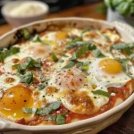 A delicious serving of Eggs in Purgatory, showcasing vibrant red tomatoes and eggs.