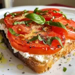 Sourdough toast with a thick layer of cottage cheese and bright red tomato, garnished with basil.