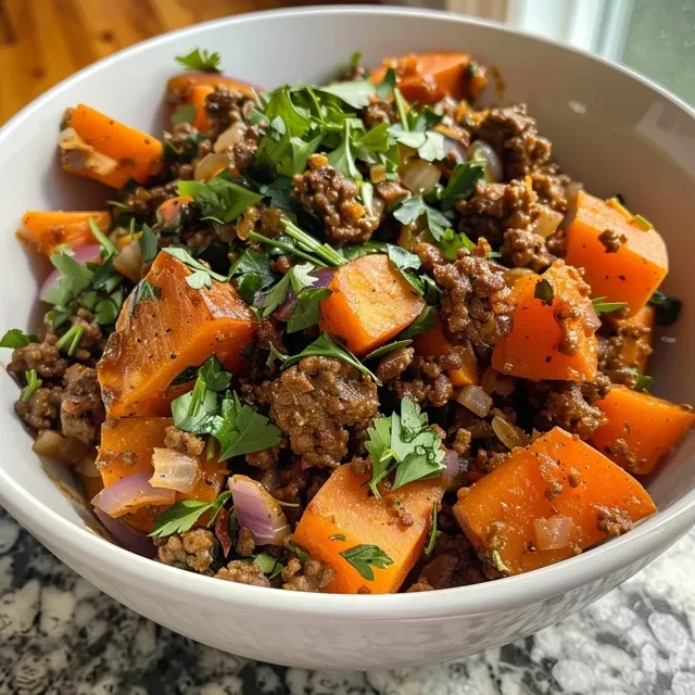 Colorful bowl featuring ground beef and sweet potatoes, topped with fresh parsley.