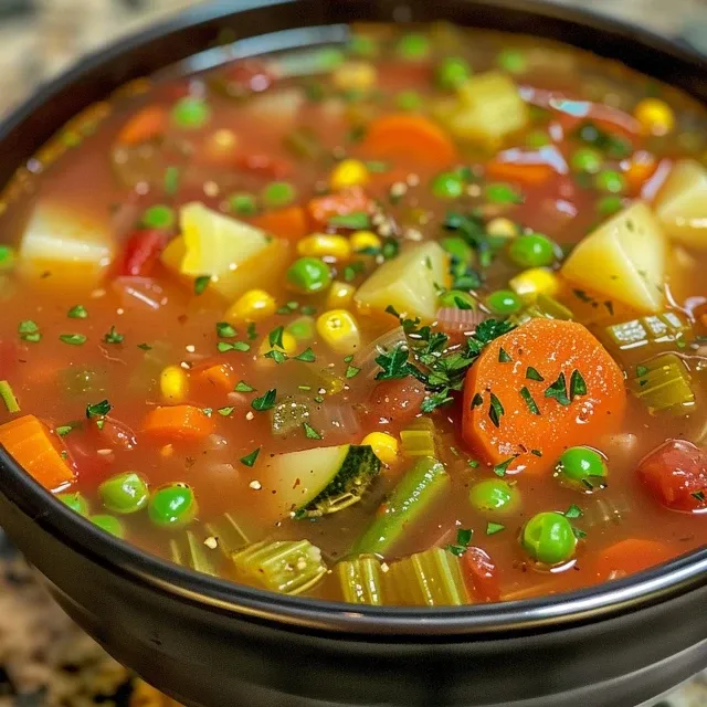 Rich, hearty vegetable soup in a bowl, highlighting chunks of carrots, potatoes, and green beans.