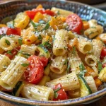 Vibrant vegetarian pasta primavera arranged with cherry tomatoes and basil on top.
