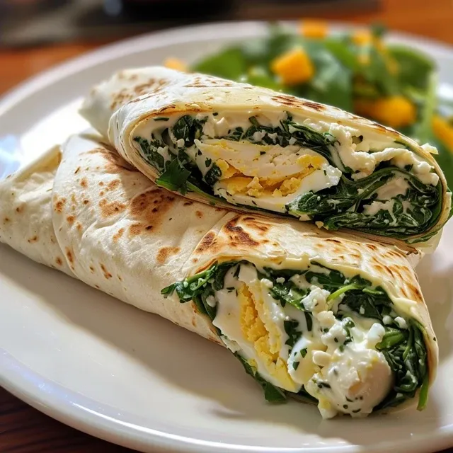 Quick and Wholesome Spinach Wraps: Your New Favorite Breakfast An appetizing close-up of a spinach wrap filled with egg and cottage cheese, displaying its fresh, colorful texture.