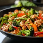Detailed close-up of a chicken and vegetable stir fry, highlighting fresh ingredients like snap peas and ginger.