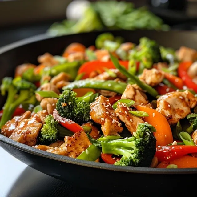 Quick and Delicious: Your New Favorite Chicken and Vegetable Stir Fry Detailed close-up of a chicken and vegetable stir fry, highlighting fresh ingredients like snap peas and ginger.