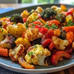 Colorful assortment of roasted cauliflower, broccoli, and peppers glistening with olive oil.