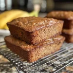 Mini banana bread loaves arranged on a plate, showcasing a rich, textured surface and flecks of walnuts.
