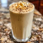 A chilled vegan smoothie in a glass, showcasing layers of banana and peanut butter with a sprinkle of cacao nibs.