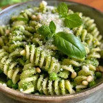 Side angle shot of a delicious pesto pasta dish with a bright green color, topped with grated Parmesan and herbs.