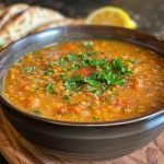A hearty serving of Turkish Red Lentil Soup, showcasing the texture and ingredients.