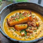 Appetizing roasted pumpkin soup in a bowl, showcasing texture and color.