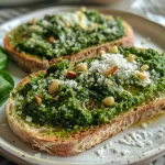 Juicy spinach pesto sourdough toast featuring a vibrant green topping and runny egg yolk.