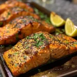 Detailed image of flaky salmon fillet, topped with herbs and accompanied by lemon, emphasizing texture.