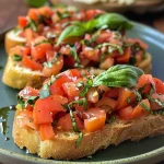 Juicy Classic Bruschetta, featuring diced tomatoes and garlic atop crispy bread, garnished with cheese.