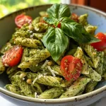 Juicy gluten-free dairy-free pesto pasta garnished with cherry tomatoes and fresh basil in a rustic bowl.