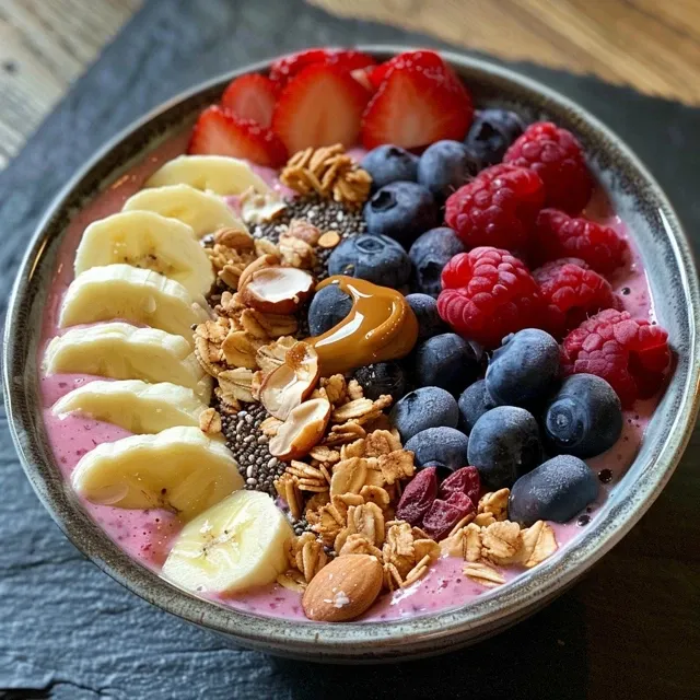 A nutritious smoothie bowl with a creamy texture and colorful fruit garnish.