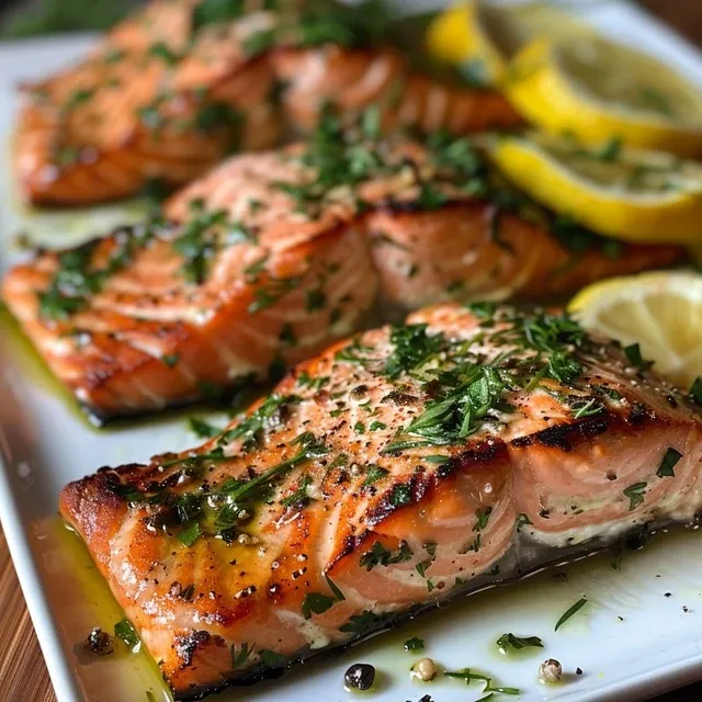 Plated grilled salmon with a drizzle of melted butter and fresh garlic, highlighting vibrant colors.