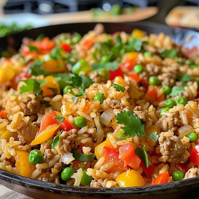 Delicious Ground Turkey Rice Skillet with chopped parsley garnish, highlighting its textures.