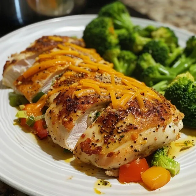 Appetizing image of stuffed chicken breast garnished and ready to serve, showcasing its moist interior.