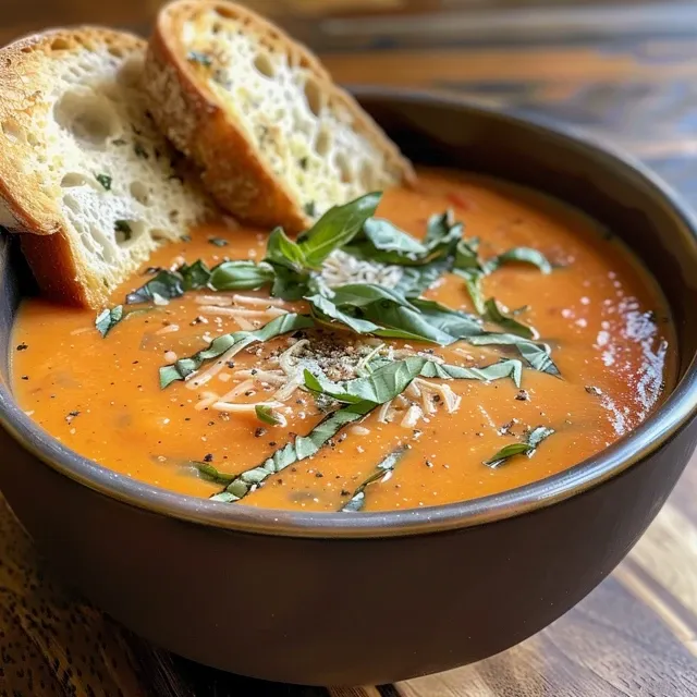 Delicious creamy tomato basil soup with chunks of tomato and fresh basil, accompanied by slices of bread.