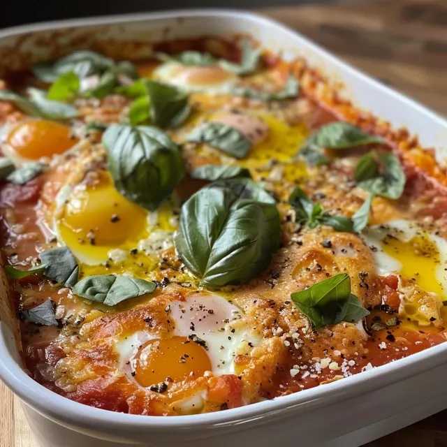 Close-up of Italian Baked Eggs topped with basil and grated Parmesan.
