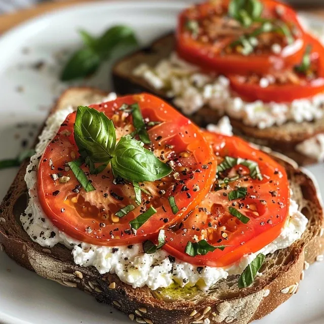 Detailed view of tomato and cottage cheese toast on a wooden board, showcasing its fresh ingredients.