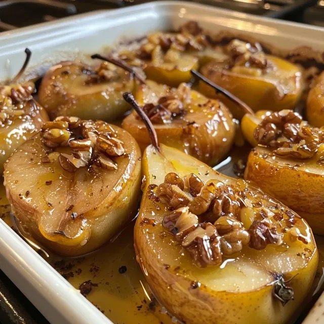 Deliciously baked pears arranged neatly, showing a caramelized exterior and a luscious syrup.