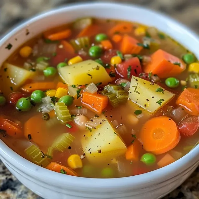 Close-up image of vegetable soup with visible diced tomatoes, corn, and parsley garnish.