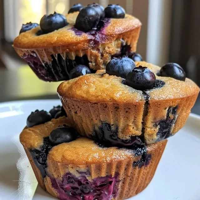 Side view of a blueberry protein muffin with a golden surface and healthy ingredients visible.